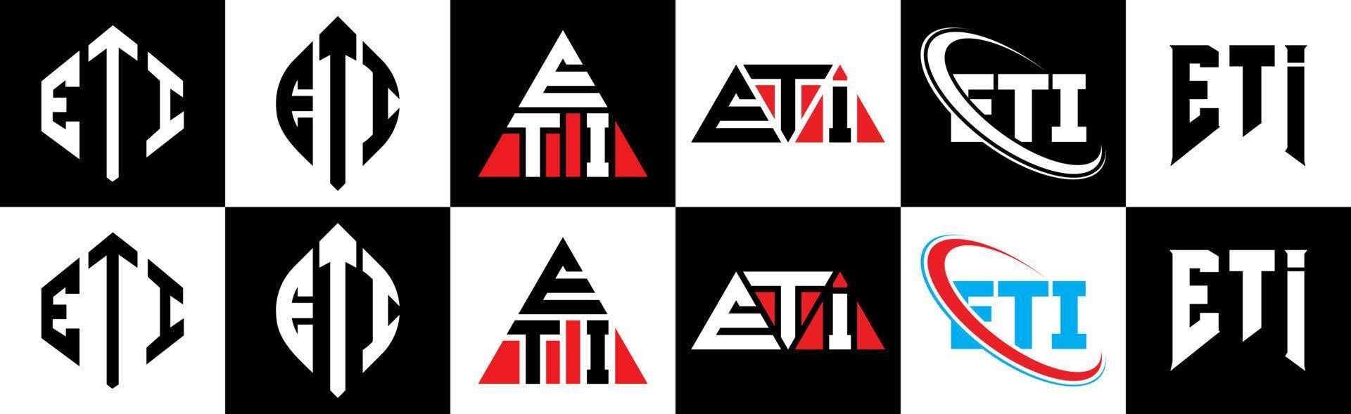 design de logotipo de carta eti em seis estilos. eti polígono, círculo, triângulo, hexágono, estilo plano e simples com logotipo de carta de variação de cor preto e branco definido em uma prancheta. logotipo minimalista e clássico eti vetor