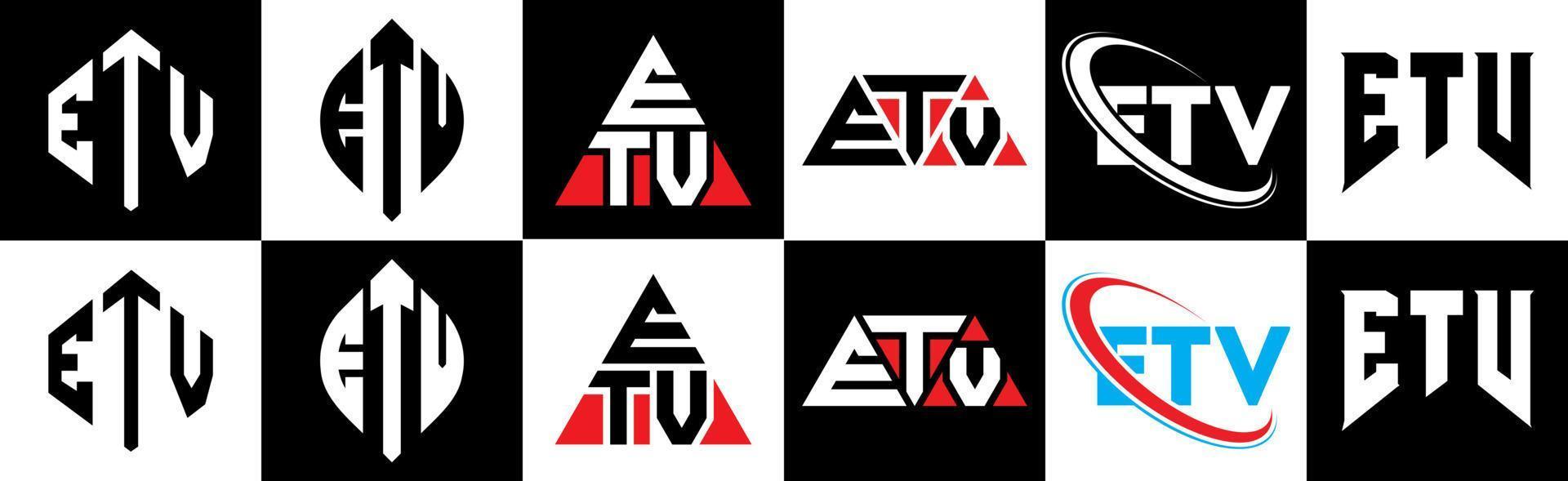 design de logotipo de carta etv em seis estilos. etv polígono, círculo, triângulo, hexágono, estilo plano e simples com logotipo de carta de variação de cor preto e branco definido em uma prancheta. etv logotipo minimalista e clássico vetor