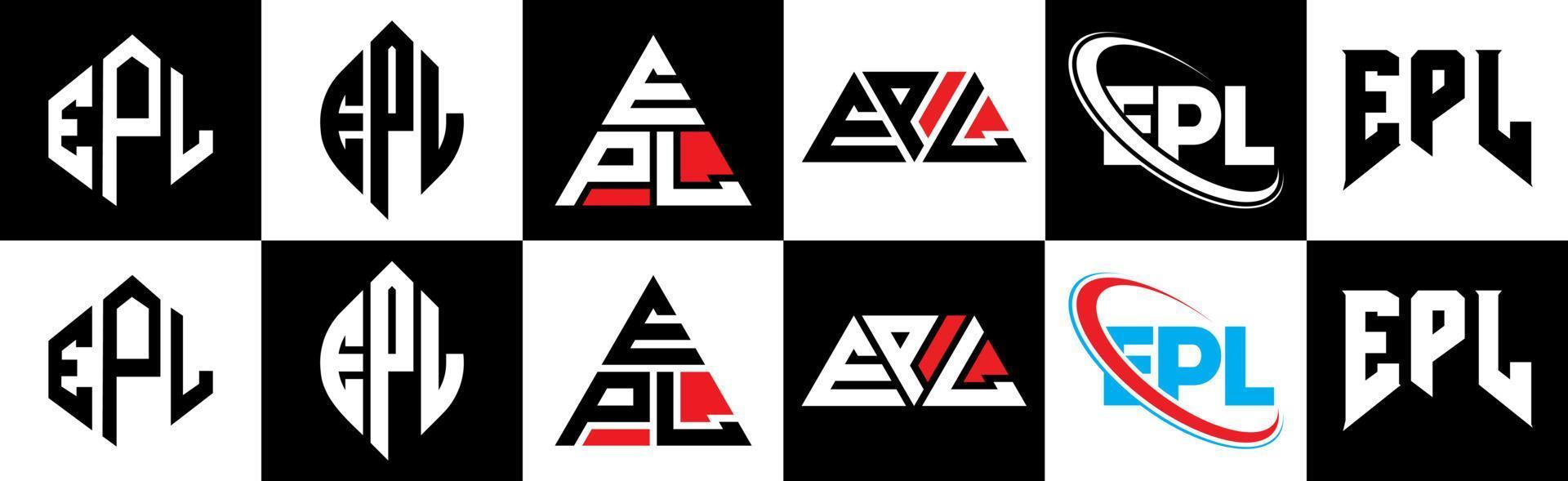 design de logotipo de carta epl em seis estilos. polígono epl, círculo, triângulo, hexágono, estilo plano e simples com logotipo de carta de variação de cor preto e branco definido em uma prancheta. logotipo minimalista e clássico epl vetor