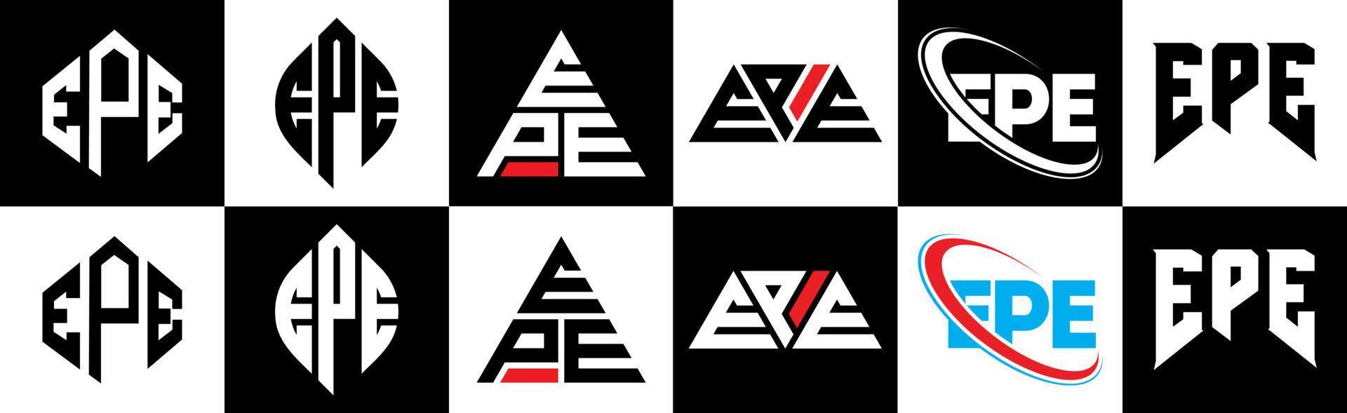 design de logotipo de carta epe em seis estilos. epe polígono, círculo, triângulo, hexágono, estilo plano e simples com logotipo de carta de variação de cor preto e branco definido em uma prancheta. epe logotipo minimalista e clássico vetor