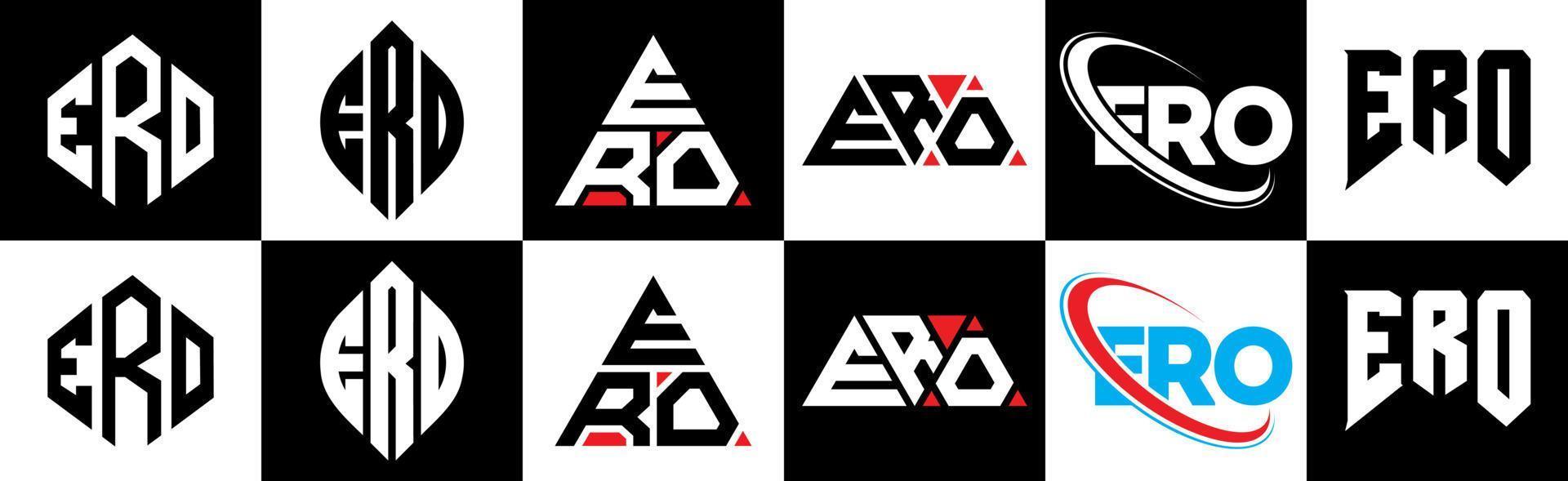 design de logotipo de carta ero em seis estilos. polígono ero, círculo, triângulo, hexágono, estilo plano e simples com logotipo de carta de variação de cor preto e branco definido em uma prancheta. logotipo ero minimalista e clássico vetor