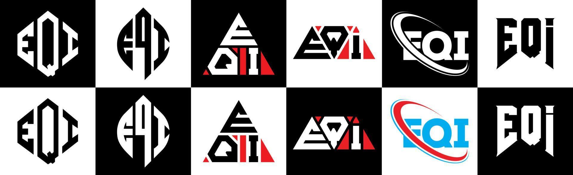 design de logotipo de letra eqi em seis estilos. polígono eqi, círculo, triângulo, hexágono, estilo plano e simples com logotipo de carta de variação de cor preto e branco definido em uma prancheta. eqi logotipo minimalista e clássico vetor