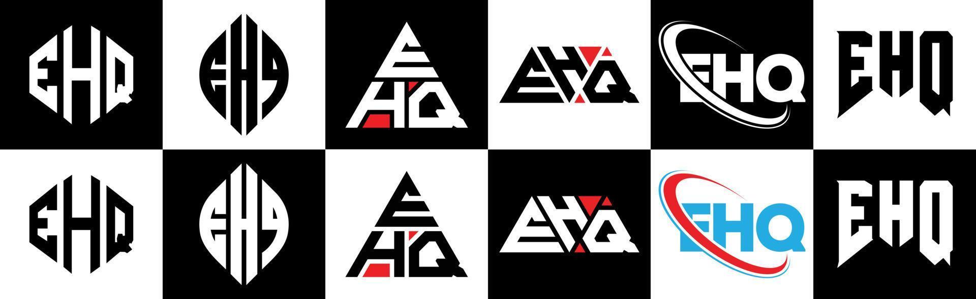 design de logotipo de carta ehq em seis estilos. ehq polígono, círculo, triângulo, hexágono, estilo plano e simples com logotipo de carta de variação de cor preto e branco definido em uma prancheta. logo minimalista e clássico ehq vetor