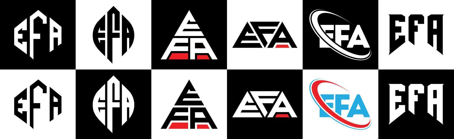 design de logotipo de carta efa em seis estilos. polígono efa, círculo, triângulo, hexágono, estilo plano e simples com logotipo de carta de variação de cor preto e branco definido em uma prancheta. logo minimalista e clássico efa vetor