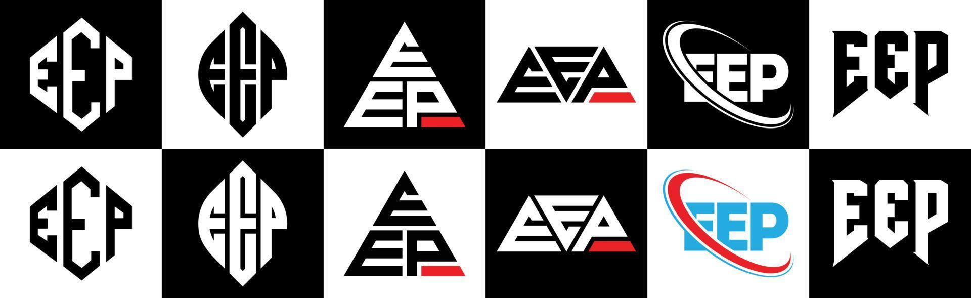 design de logotipo de carta eep em seis estilos. eep polígono, círculo, triângulo, hexágono, estilo plano e simples com logotipo de carta de variação de cor preto e branco definido em uma prancheta. eep logo minimalista e clássico vetor