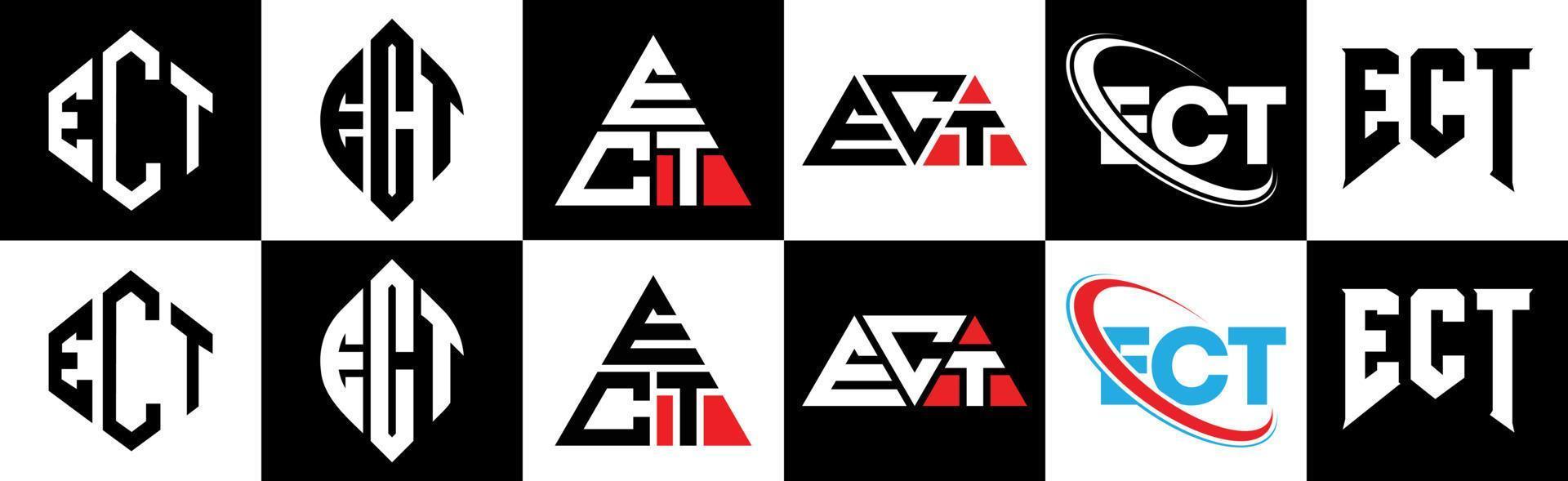 design de logotipo de carta ect em seis estilos. ect polígono, círculo, triângulo, hexágono, estilo plano e simples com logotipo de carta de variação de cor preto e branco definido em uma prancheta. ect logotipo minimalista e clássico vetor