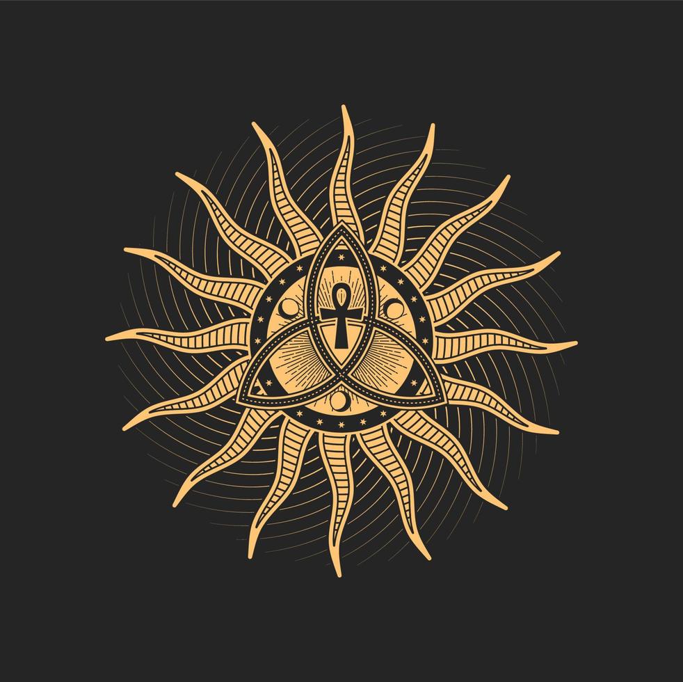 triquetra, crescentes e ankh cruzam dentro do sol vetor