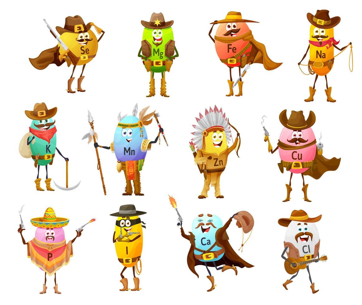 personagens de desenhos animados de minerais. vaqueiros e índios vetor