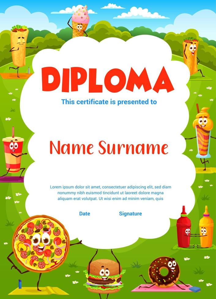 desenhos animados de diploma de ioga para crianças fast food em fitness vetor