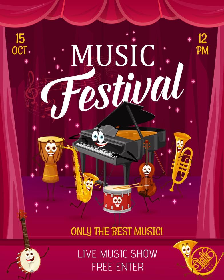 panfleto de festival de música, instrumento musical de desenho animado vetor