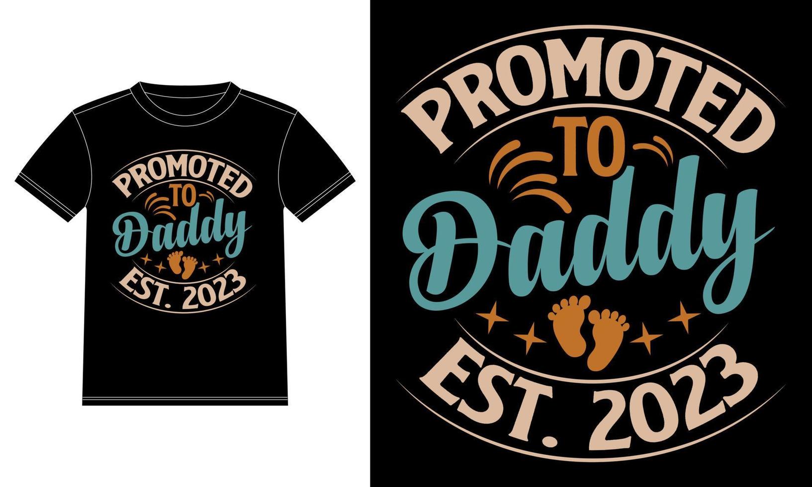 promovido a papai, est. 2023 - camiseta do dia dos pais - modelo de design de camiseta de pai, adesivo de janela de carro, cápsula, capa, fundo preto isolado, gráfico vetorial, pôster tipográfico. citação do pai. vetor