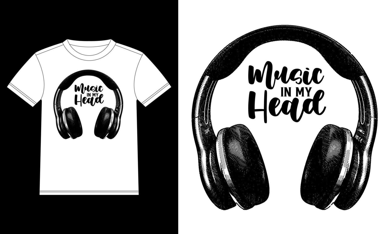 música na minha cabeça desenhada à mão com fones de ouvido. modelo de design de camiseta, adesivo de janela de carro, vagem, capa, ilustração vetorial de fundo branco isolado vetor