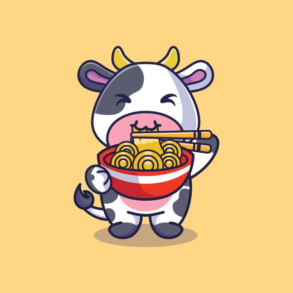 vaca bonita em pé comendo macarrão ramen com ilustração de ícone de desenho animado de pauzinhos vetor