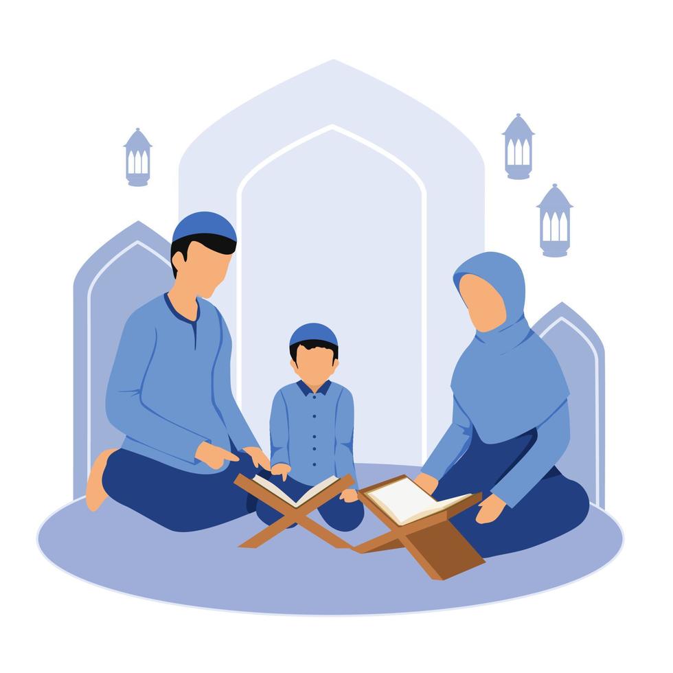 ilustração islâmica da família muçulmana lendo o Alcorão juntos vetor