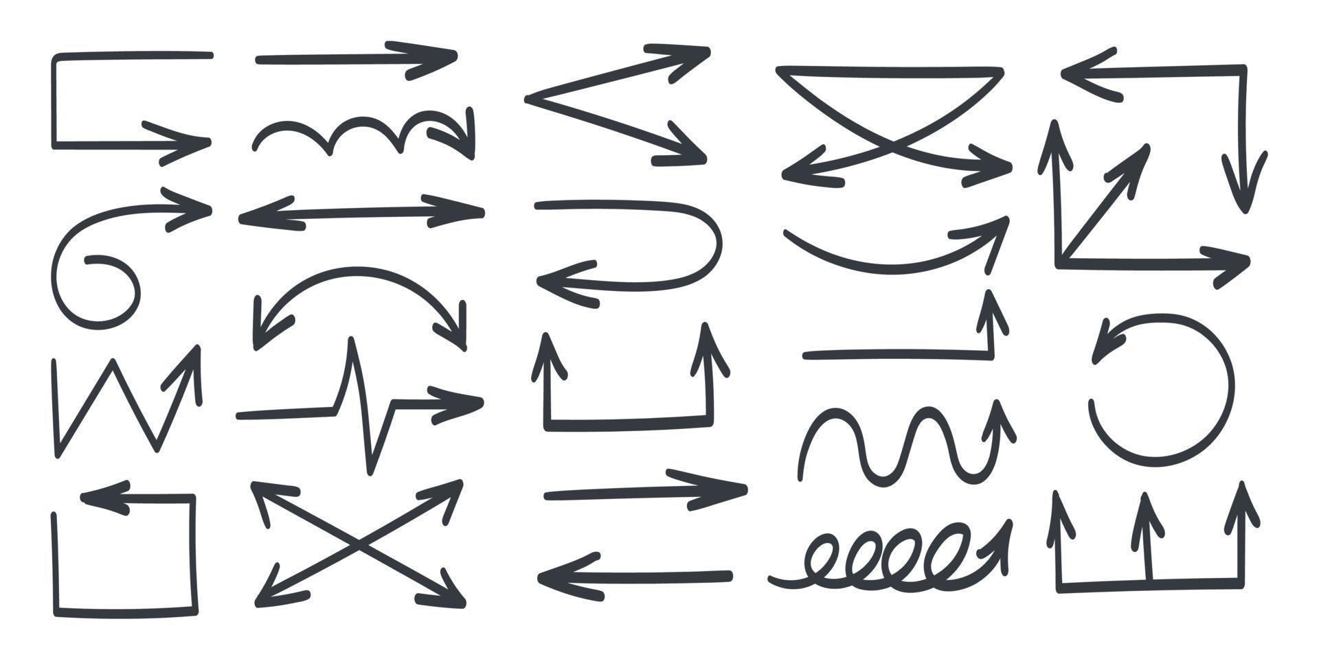 ícones de setas. setas desenhadas à mão preta. sinais de setas vetoriais desenhadas vetor
