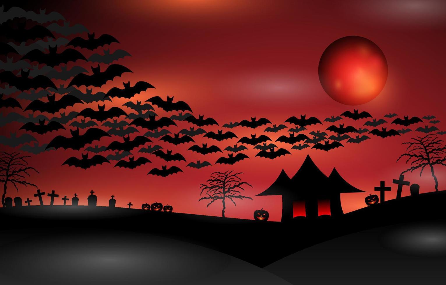 fundo de halloween com abóboras assustadoras, casa assombrada, lápides, cruzes, lápides, árvores assustadoras, morcegos voadores e lua cheia de sangue. conceito de halloween de horror de silhuetas negras. vetor