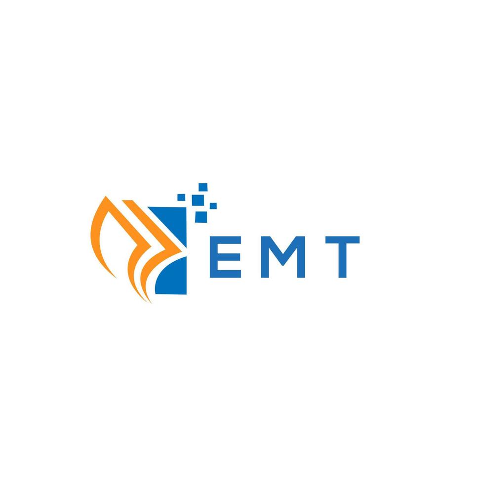 design de logotipo de contabilidade de reparo de crédito emt em fundo branco. conceito de logotipo de carta de gráfico de crescimento de iniciais criativas emt. design de logotipo de finanças de negócios emt. vetor