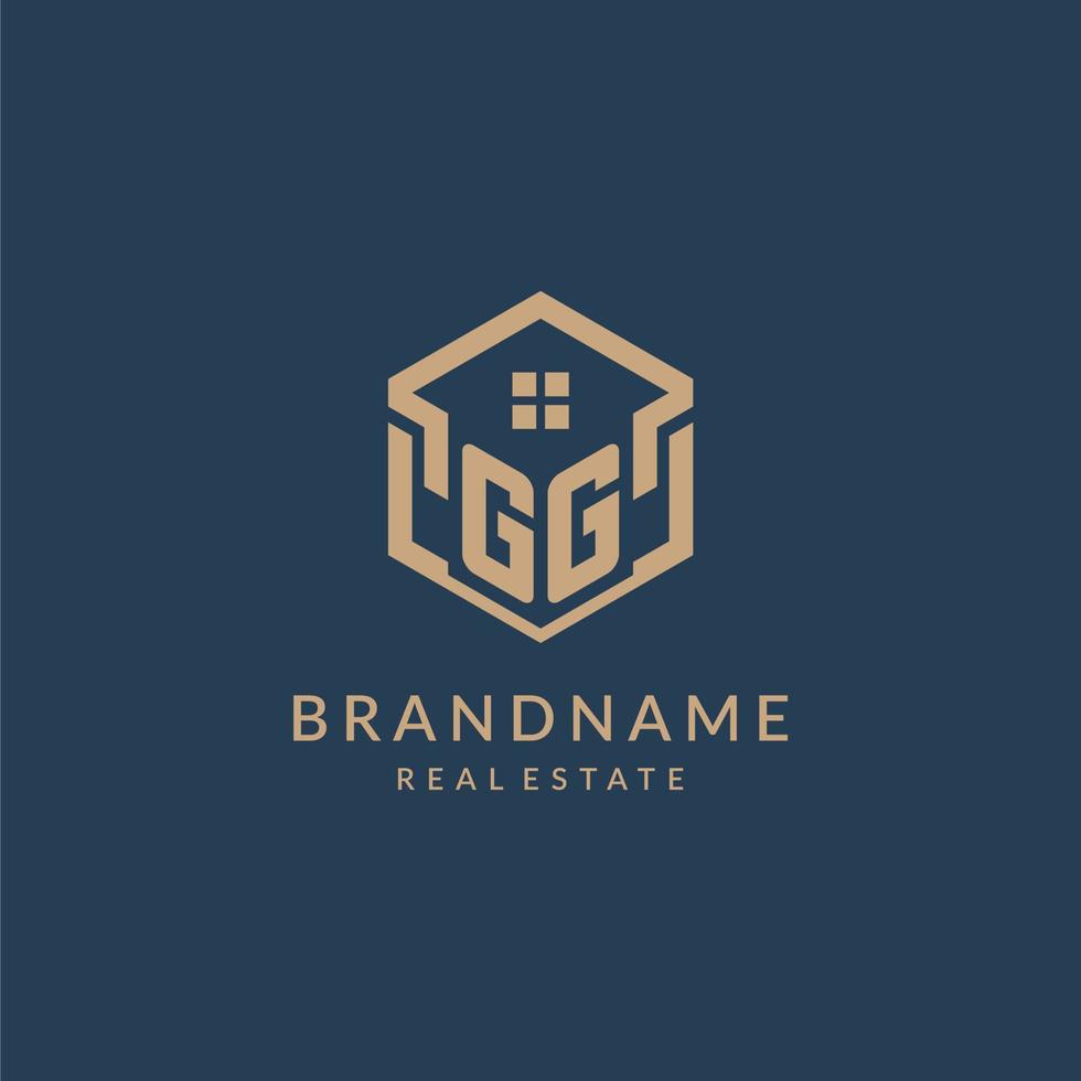 letra inicial gg design de logotipo de ícone de forma de telhado de casa hexagonal vetor