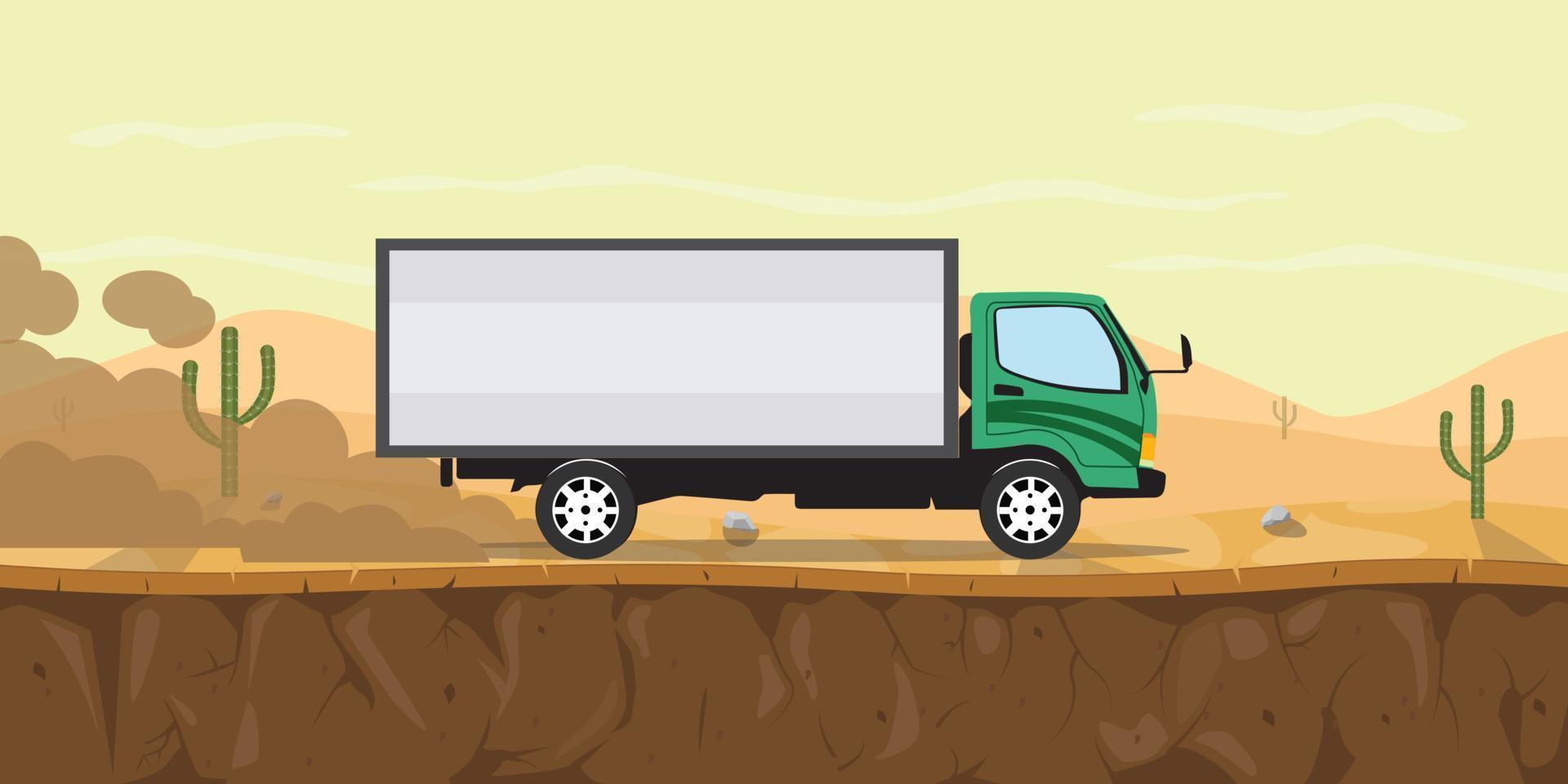 caminhão correndo na estrada no deserto com cacto como ilustração gráfica vetorial de fundo vetor