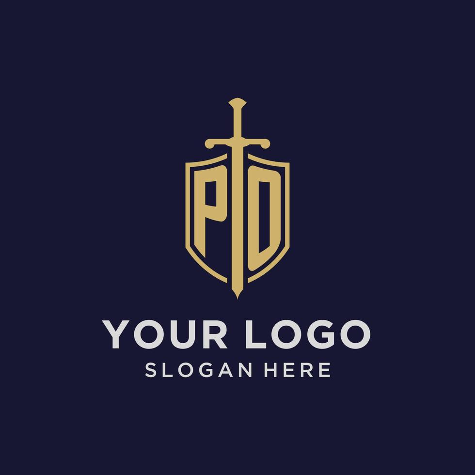 monograma inicial do logotipo po com design de escudo e espada vetor