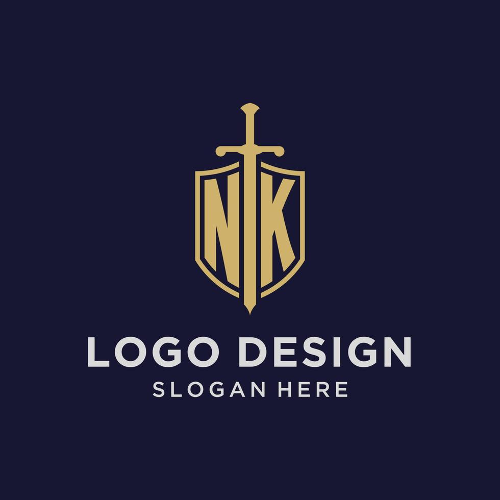 monograma inicial do logotipo nk com design de escudo e espada vetor