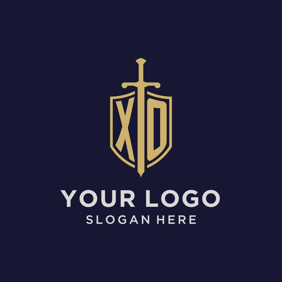 monograma inicial do logotipo xo com design de escudo e espada vetor