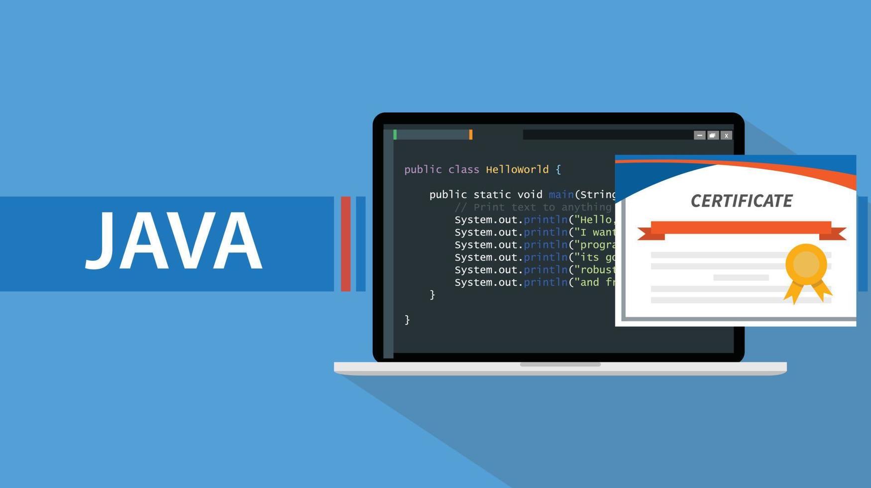 certificado de linguagem de programação java com laptop e script de código na ilustração vetorial de tela vetor