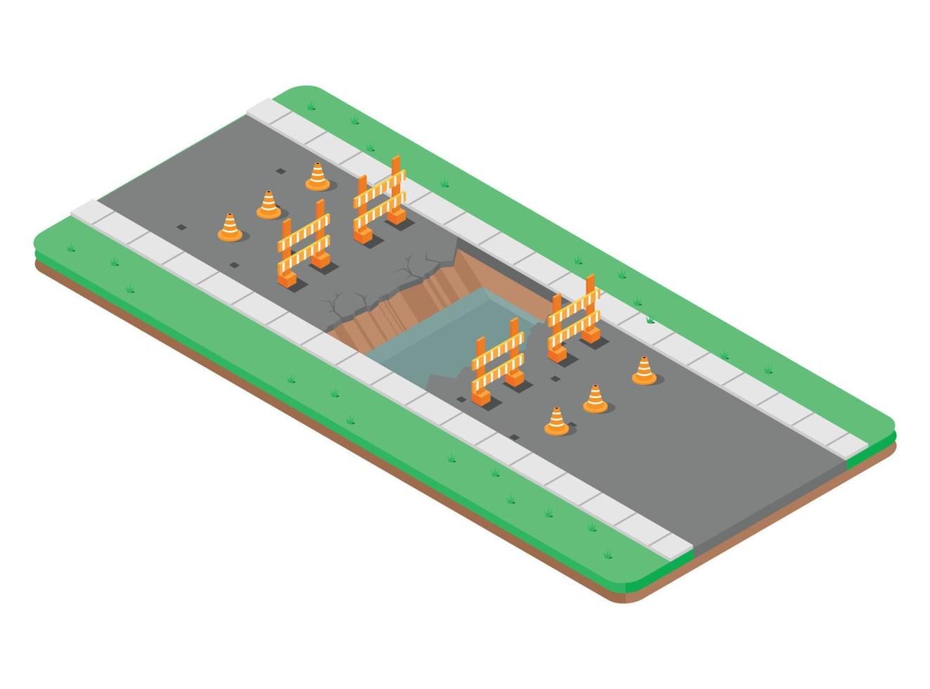ilustração isométrica de reparação de estrada de asfalto com sinais de construção de estradas. ilustração vetorial isométrica adequada para diagramas, infográficos e outros ativos gráficos vetor