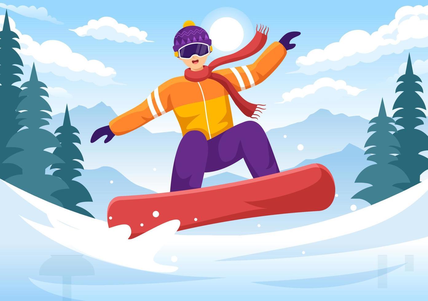 snowboard com pessoas deslizando e pulando no lado da montanha de neve ou declive dentro da ilustração de modelos desenhados à mão de desenhos animados planos vetor