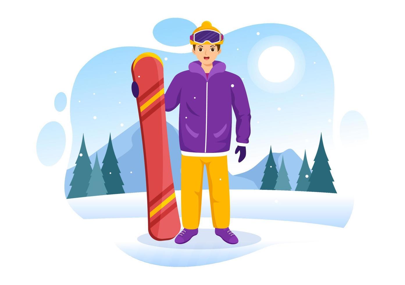 snowboard com pessoas deslizando e pulando no lado da montanha de neve ou declive dentro da ilustração de modelos desenhados à mão de desenhos animados planos vetor