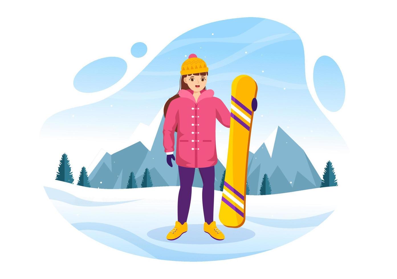 snowboard com pessoas deslizando e pulando no lado da montanha de neve ou declive dentro da ilustração de modelos desenhados à mão de desenhos animados planos vetor