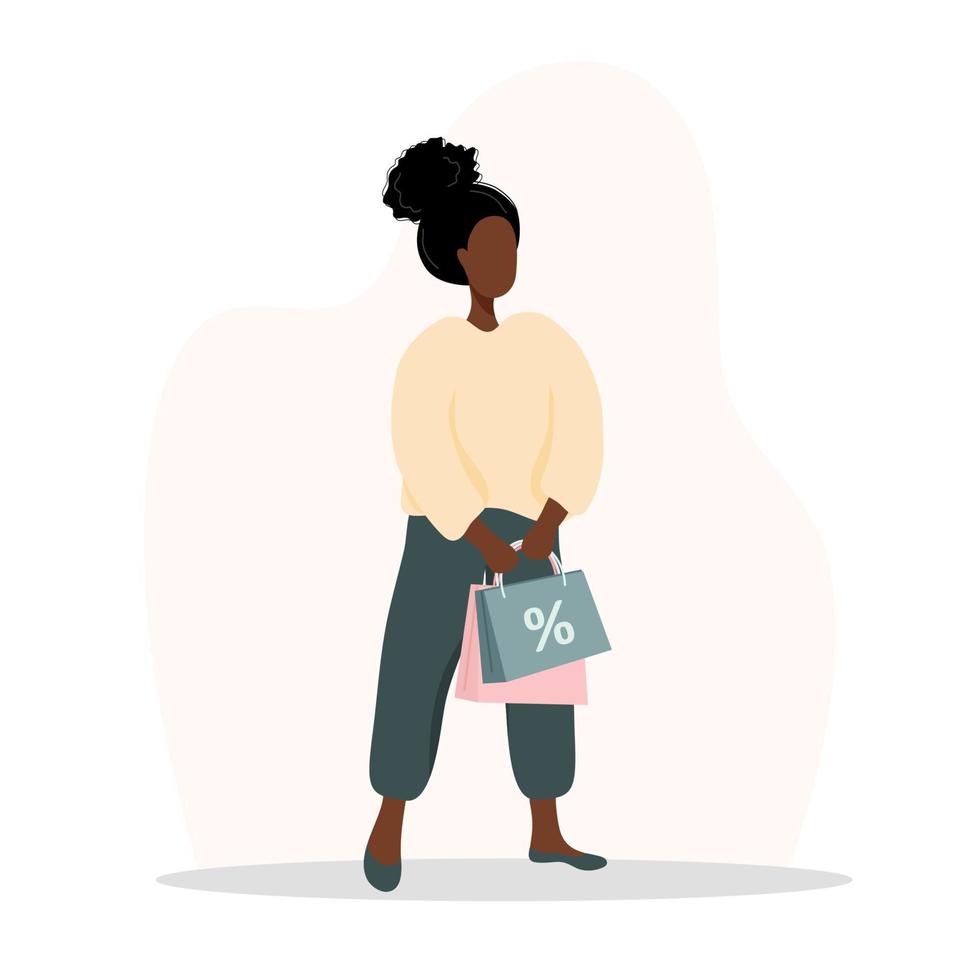 mulher fazendo compras. feliz garota africana carregando malas. ilustração vetorial dos desenhos animados isolada no fundo branco. modelo de promoção e venda. vetor