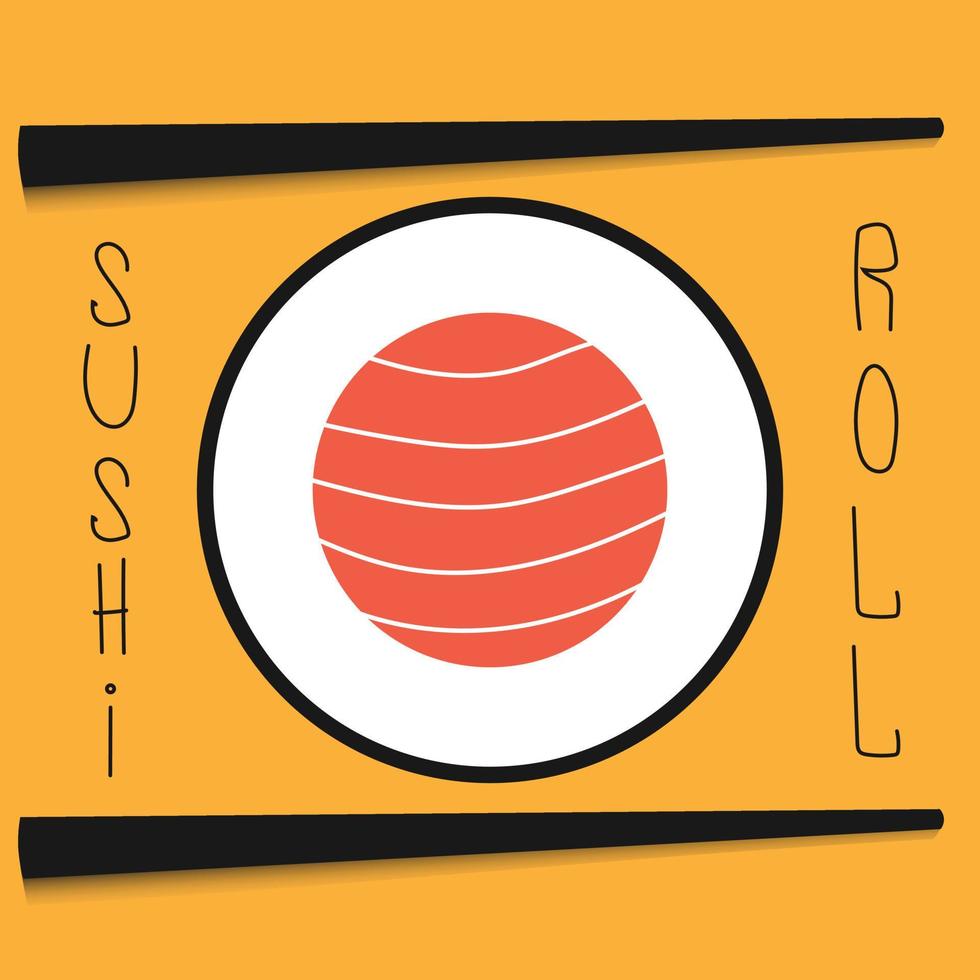 pauzinhos com rolo de sushi e ascensão. peça de sushi com ícone da web de vetor de pauzinho isolado em fundo amarelo, vista superior