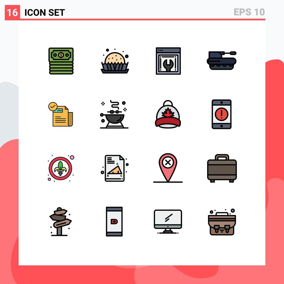 pacote de 16 sinais e símbolos de linhas preenchidas de cores planas modernas para mídia de impressão na web, como lista de verificação, configuração da web do tanque, obuses panzer, elementos de design de vetores criativos editáveis