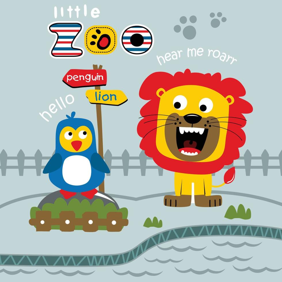 leão e pinguim no zoológico engraçado animal cartoon vetor