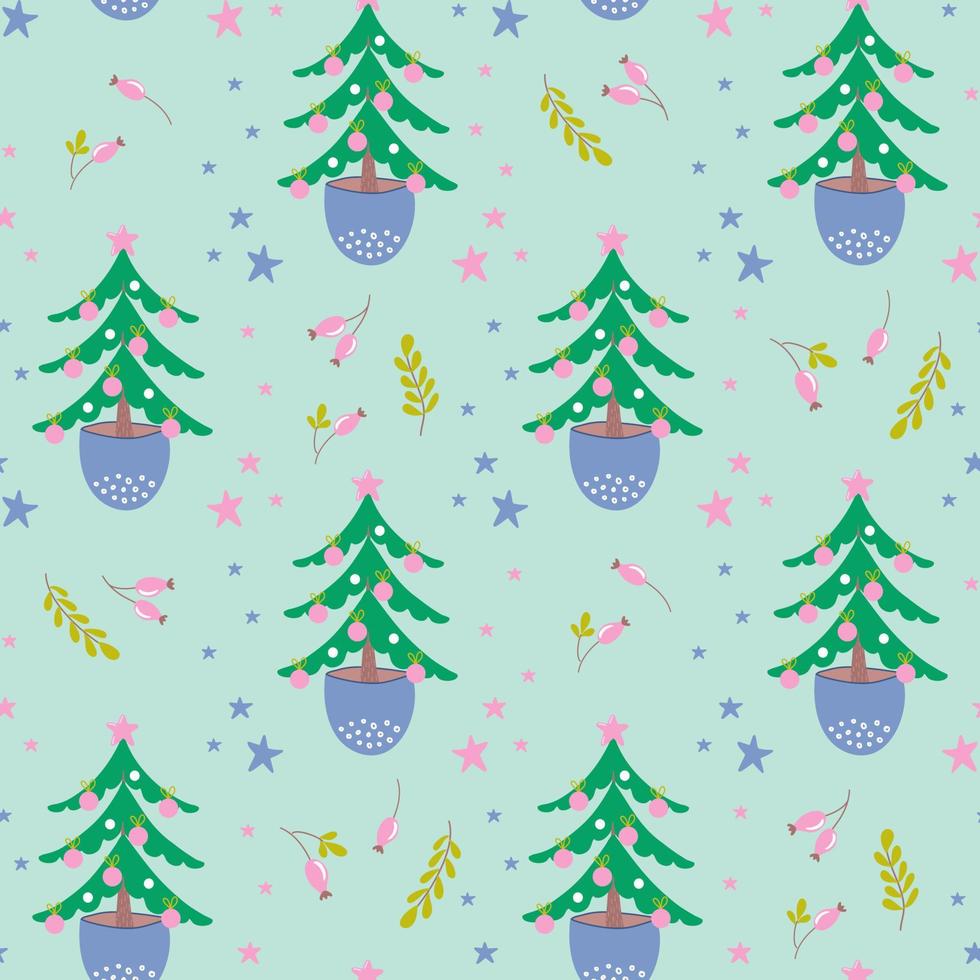padrão sem emenda de vetor com árvore de Natal, planta e estrelas. belo fundo festivo. ilustração fofa para presentes e decoração de férias de inverno.