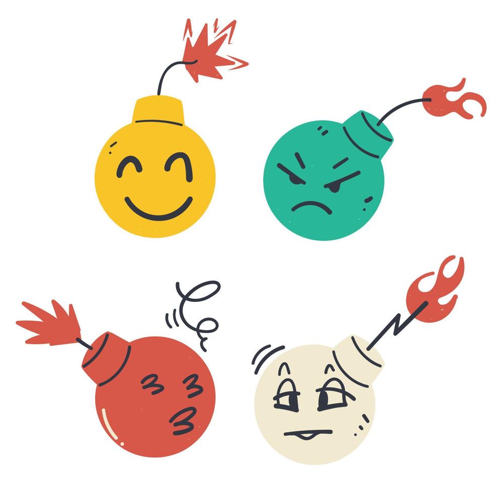 bomba de doodle desenhada de mão com ilustração de emoticon de rosto de personagem vetor