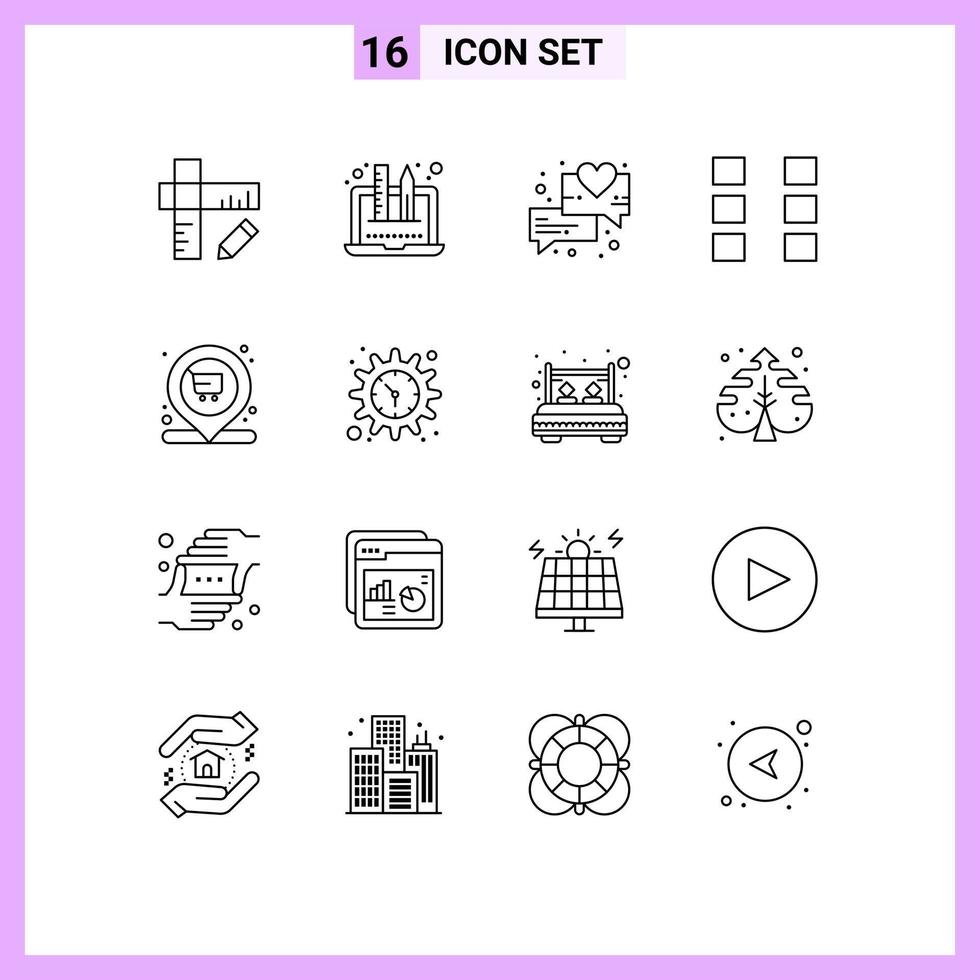 16 pacote de esboço de interface de usuário de sinais e símbolos modernos de elementos de design de vetores editáveis de mercado de amor de compras de carrinho ux