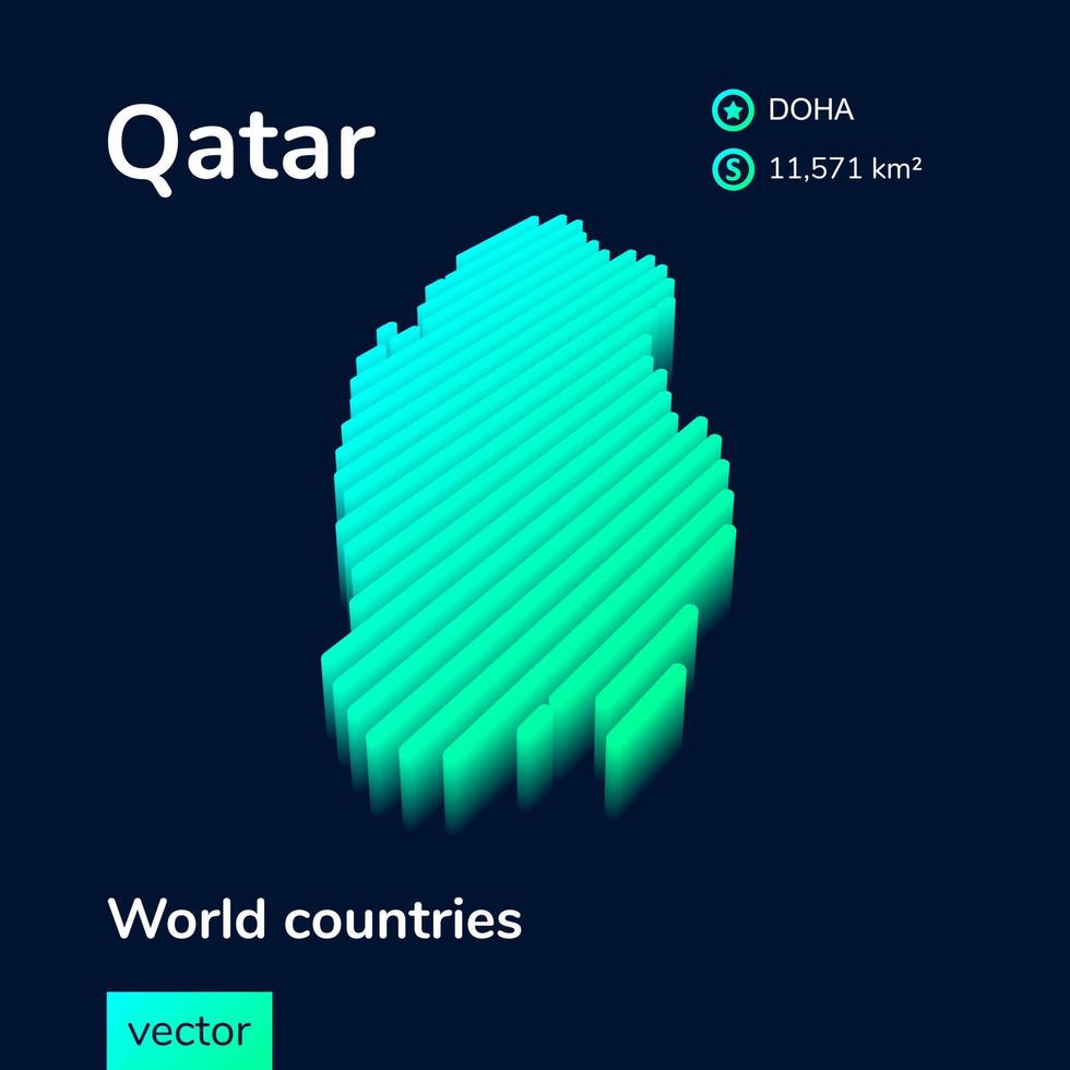 Mapa 3D do Catar. o mapa vetorial listrado digital isométrico simples estilizado do qatar está em cores verdes vetor