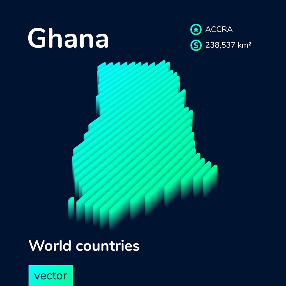 Mapa 3D de Gana. mapa isométrico vetorial listrado estilizado de Gana está em verde neon e cores menta no fundo azul escuro vetor