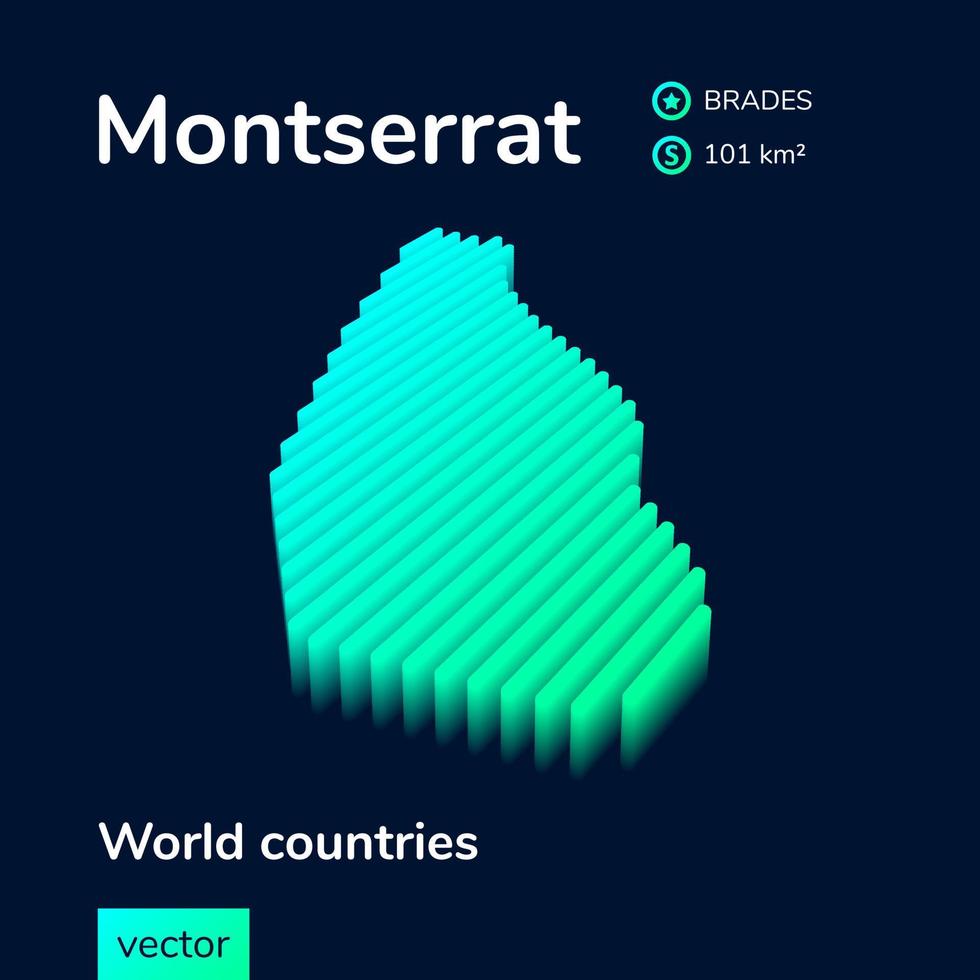 Mapa 3D de Montserrat. mapa vetorial isométrico de néon estilizado nas cores verde, turquesa e menta vetor