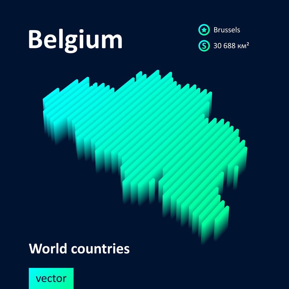 Mapa 3D da Bélgica. o mapa isométrico vetorial listrado estilizado da Bélgica está nas cores verde neon e menta vetor