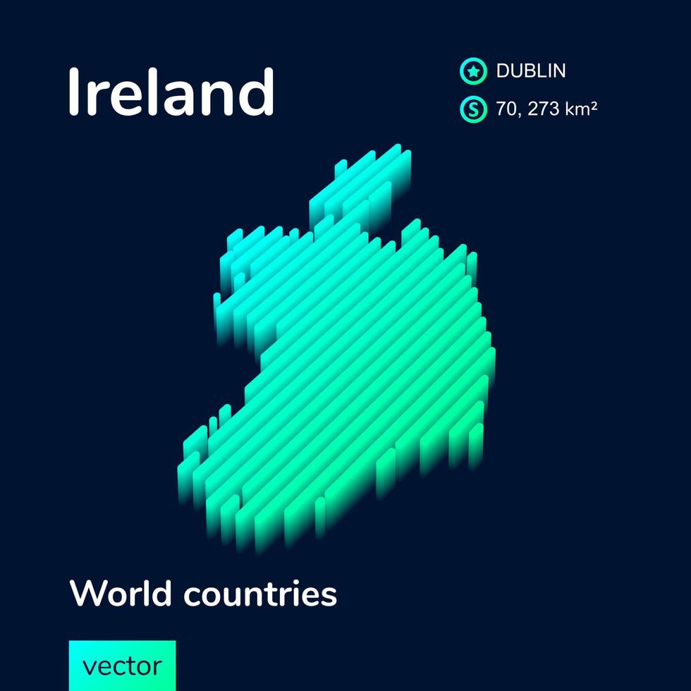 Mapa 3D da Irlanda. mapa isométrico vetorial listrado estilizado da irlanda está em verde neon e cores menta no fundo azul escuro vetor