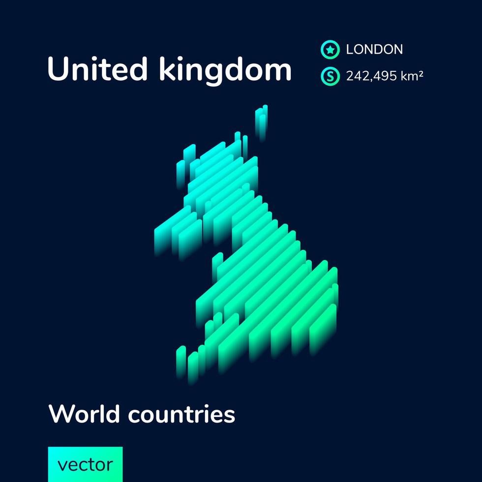 Reino Unido mapa 3D. mapa listrado de néon isométrico estilizado nas cores verde e menta no fundo azul escuro vetor