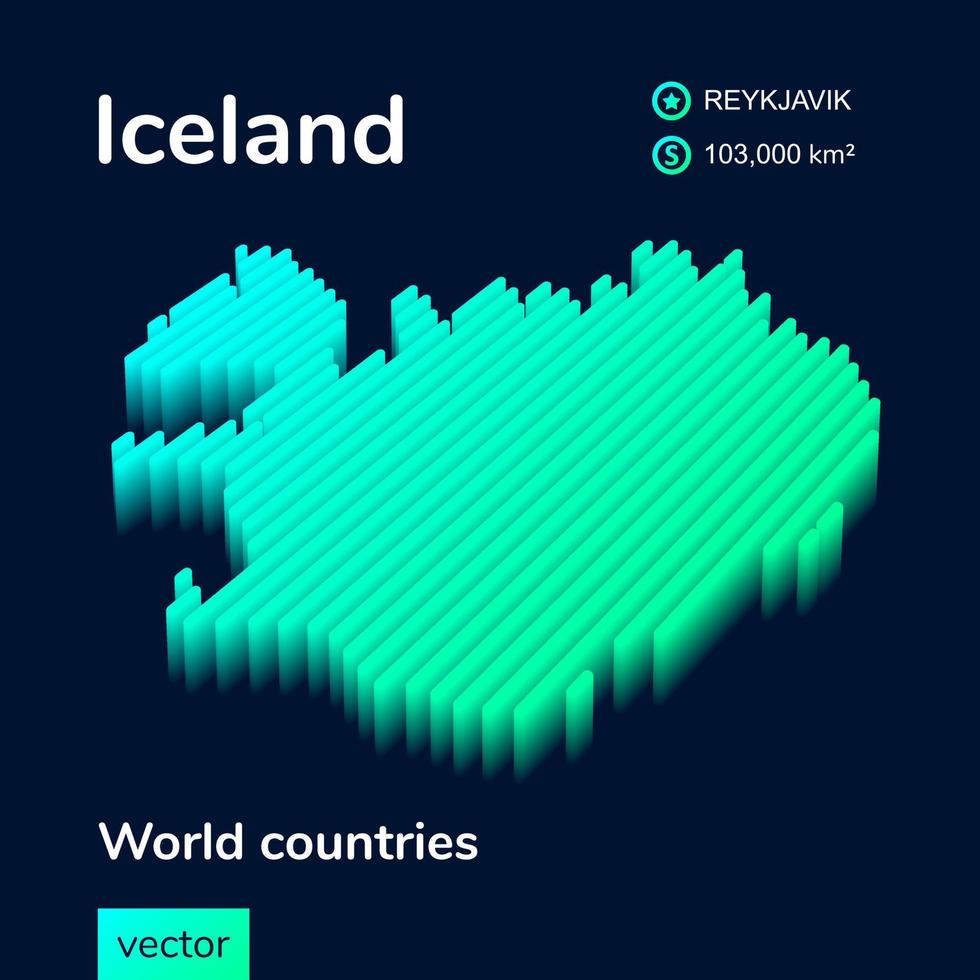 Mapa isométrico isométrico vetorial 3D em cores turquesa neon em um fundo azul escuro. ícone estilizado do mapa da Islândia. elemento infográfico vetor