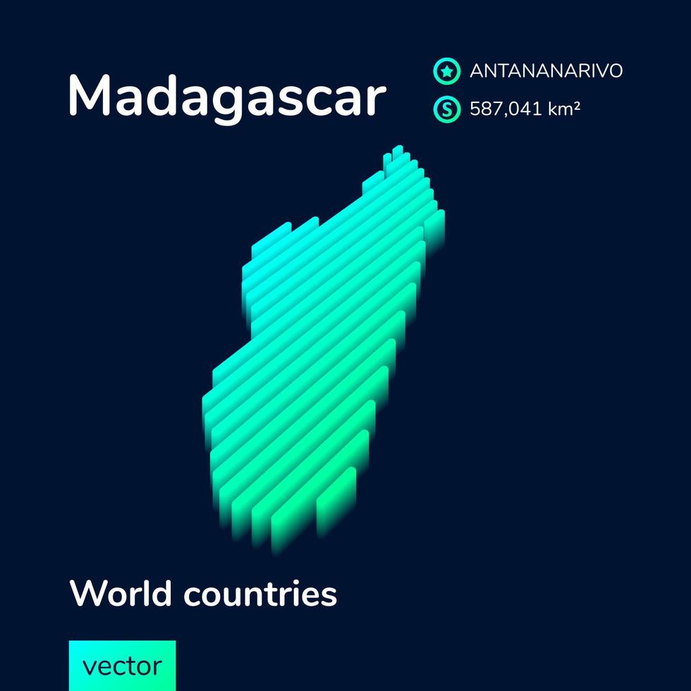 Mapa 3D de Madagáscar. mapa isométrico vetorial listrado estilizado de madagascar em cores verde neon e menta vetor