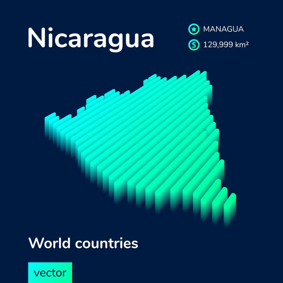 Mapa 3D da Nicarágua. mapa vetorial isométrico de néon estilizado em cores verdes no fundo azul escuro vetor