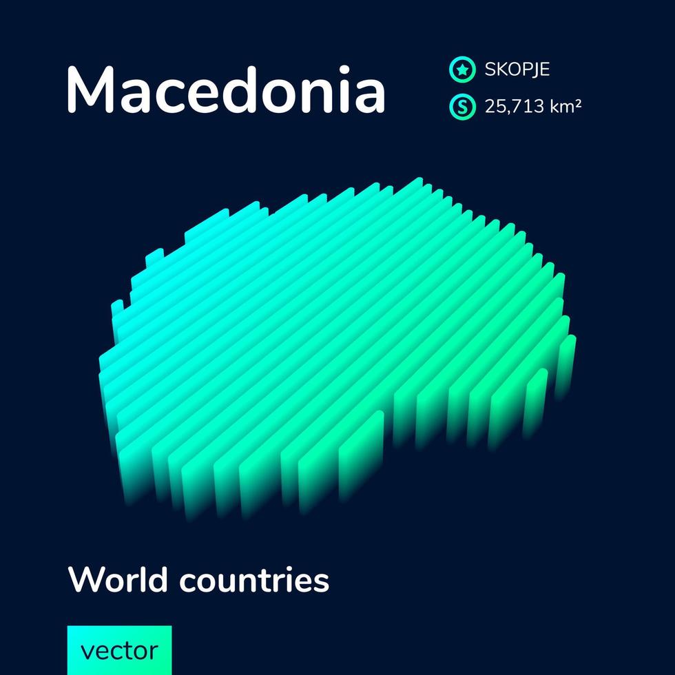 mapa isométrico da macedônia vetorial 3d em cores turquesa neon em um fundo azul escuro. ícone estilizado do mapa da Macedônia. elemento infográfico vetor