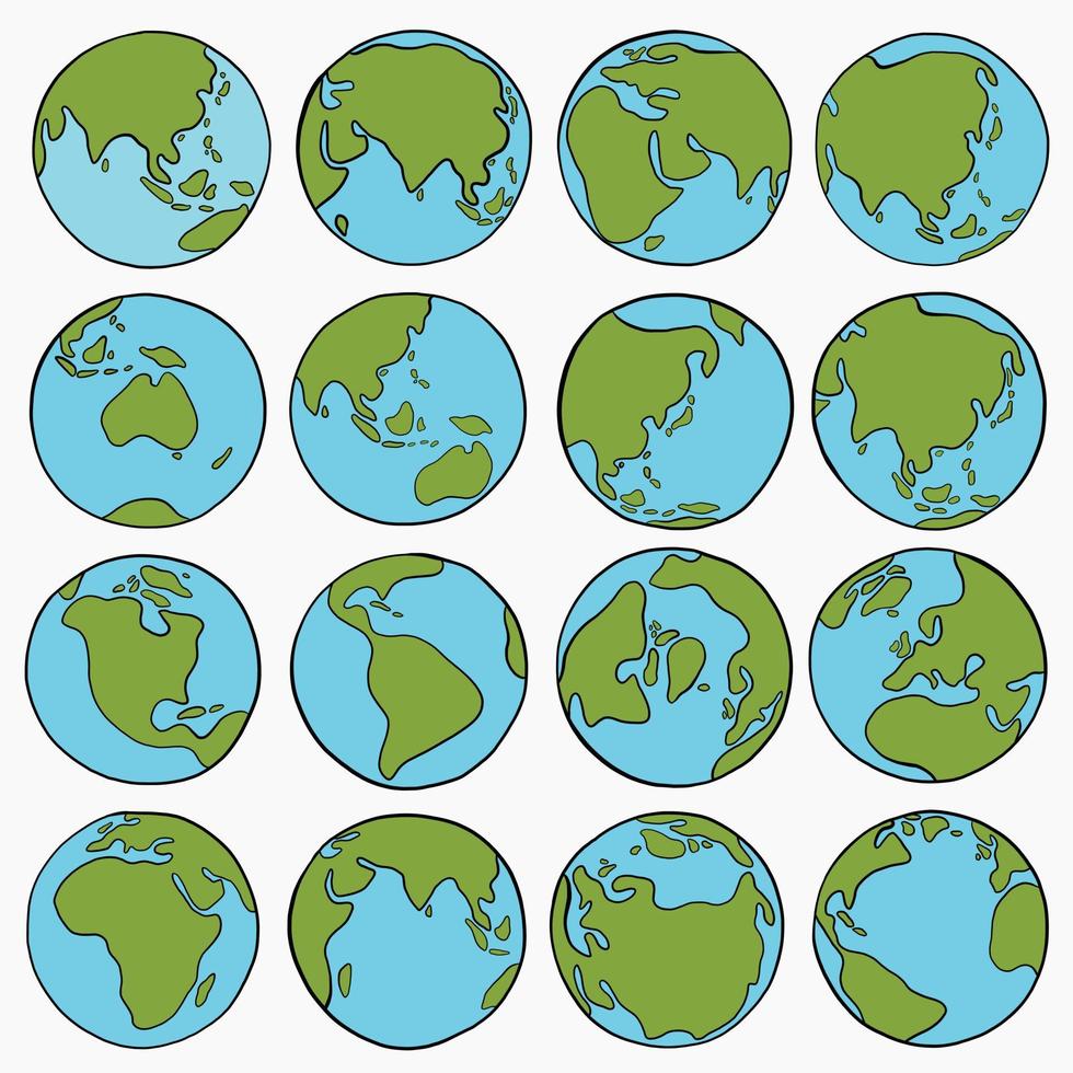 coleção de esboço de mapa-múndi à mão livre no globo. vetor