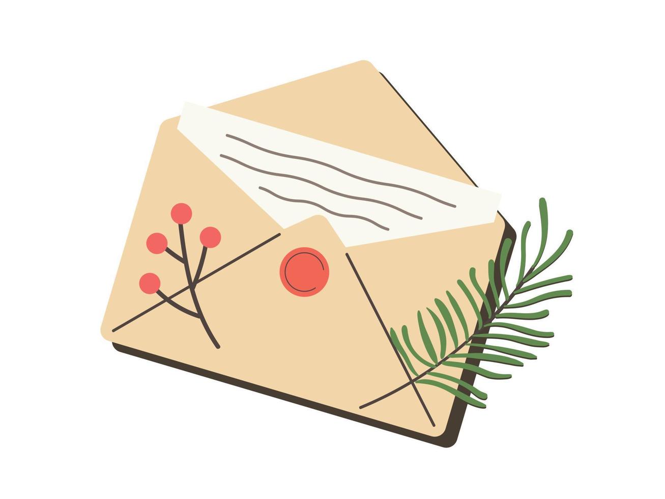 carta de papel em envelope kraft marrom para o feriado de natal. correio de artesanato de natal. mensagens de postagem festivas, ramo de frutas vermelhas e decoração de folhas vetor